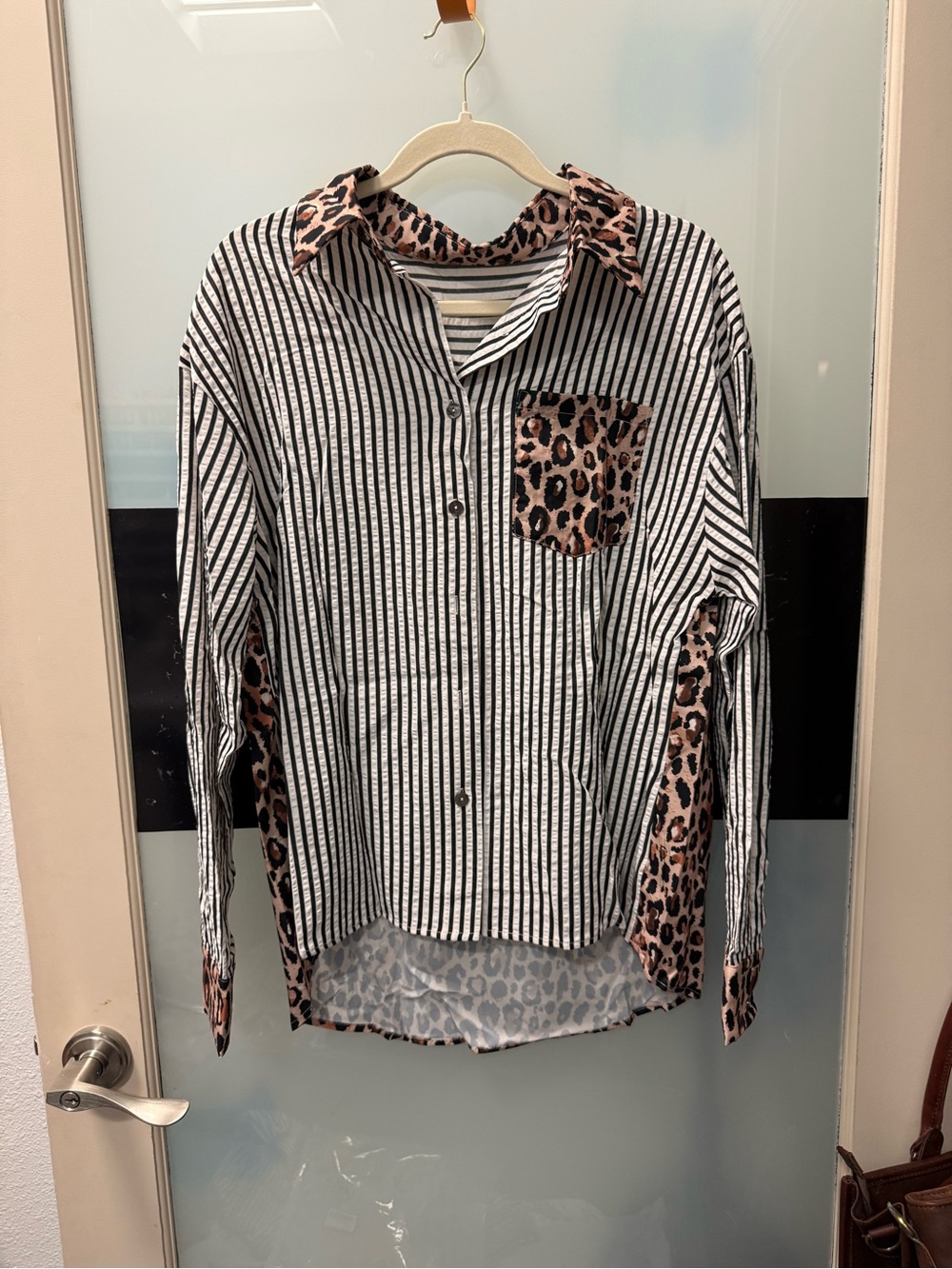 Women’s' Black & White Stripe Button-Up Shirt with Leopard Trim